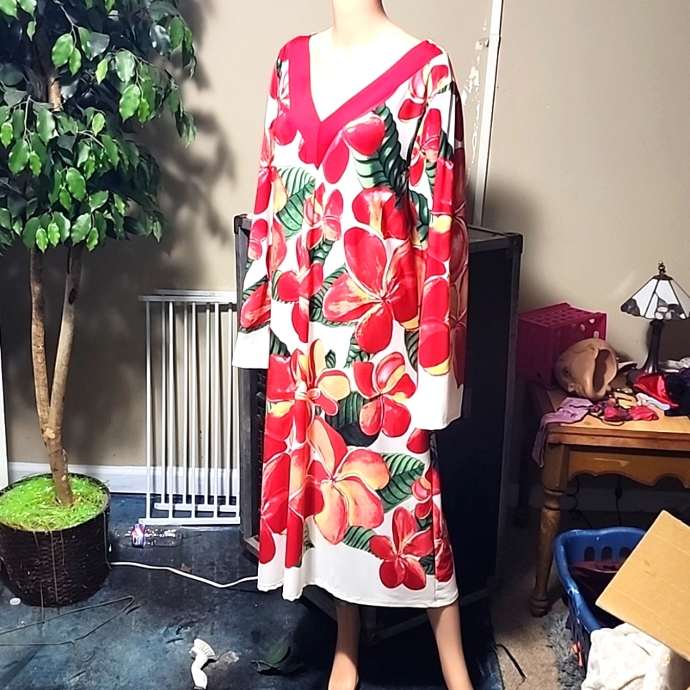 Ashley Stewart V-neck Red Floral Long Sleeve dress